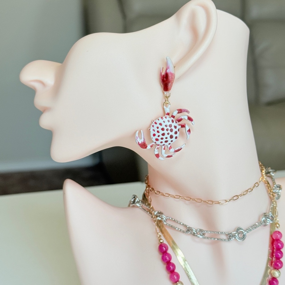 Red and White Crab Dangle Earrings - Women Jewelry - Picture 4 of 12